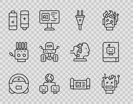 Set line Robot vacuum cleaner, Broken robot, Electric plug, Artificial Stock Illustration