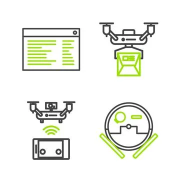Set line Robot vacuum cleaner, Remote aerial drone, Drone delivery concept .. 스톡 일러스트