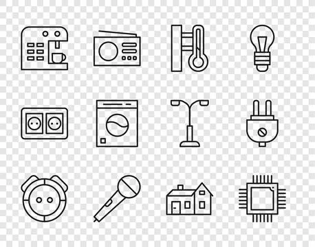 Set line Robot vacuum cleaner, Processor with microcircuits CPU, Meteorolog.. Stock Illustration