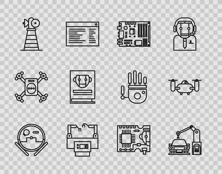 Set line Robot vacuum cleaner, Electronic computer components motherboard d.. Illustrazione stock