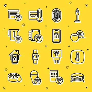 Set line Robot vacuum cleaner, Thermostat, Voice assistant, Fingerprint, Di.. Ilustración de archivo