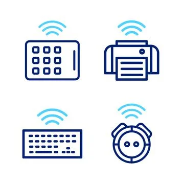 Set line Robot vacuum cleaner, Wireless keyboard, Smart printer and tablet .. Stock-Illustration