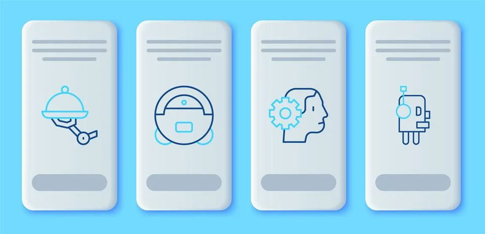 Set line Robot vacuum cleaner, Humanoid robot, Waiter and  icon. Vector Stock Illustration