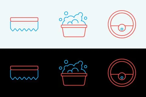 Set line Robot vacuum cleaner, Sponge and Basin with soap suds icon. Vector Illustrazione stock