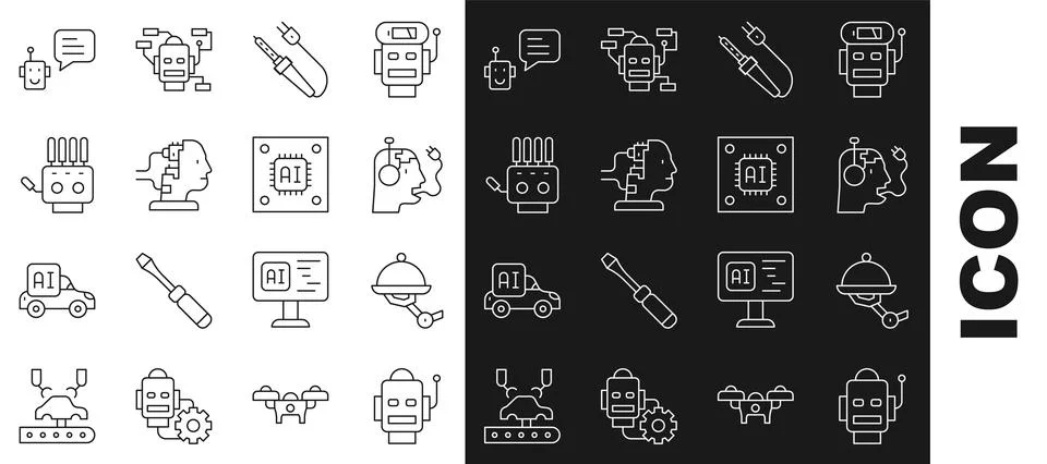 Set line Robot, Waiter robot, charging battery, Soldering iron, for mainten.. Stock Illustration