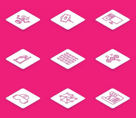 Set line Robot, Wireless charger, Computer monitor, Test tube flask fire, Binary Stock Illustration