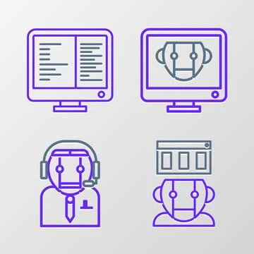 Set line Robot, Worker robot, Bot and Computer monitor screen icon. Vector Illustrazione stock