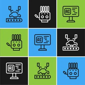 Set line Robotic robot arm on factory, Software and Mechanical hand icon. Vector Stockillustratie