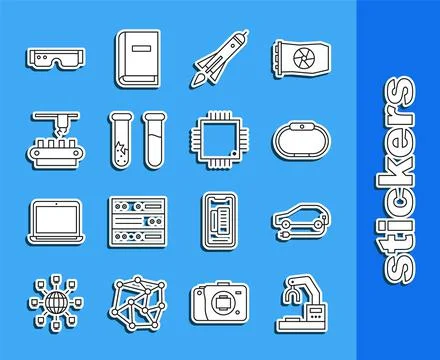 Set line Robotic robot arm hand factory, Electric car, Smartwatch, Rocket ship Illustrazione stock