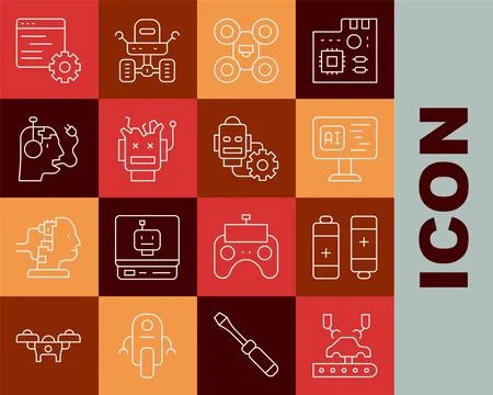 Set line Robotic robot arm on factory, Battery, Software, Drone, Broken Stock Illustration