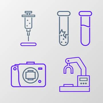 Set line Robotic robot arm hand factory, Mirrorless camera, Test tube flask and Stock Illustration