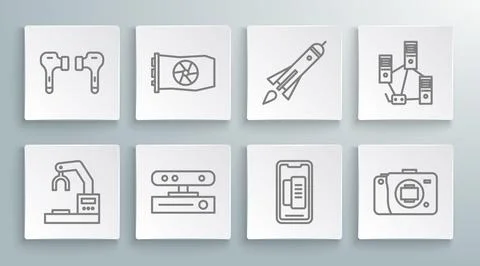 Set line Robotic robot arm hand factory, Video graphic card, Motion sensor,.. Stock Illustration