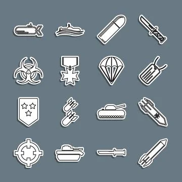 Set line Rocket, Biohazard rocket, Military dog tag, Bullet, reward medal, .. Stock Illustration