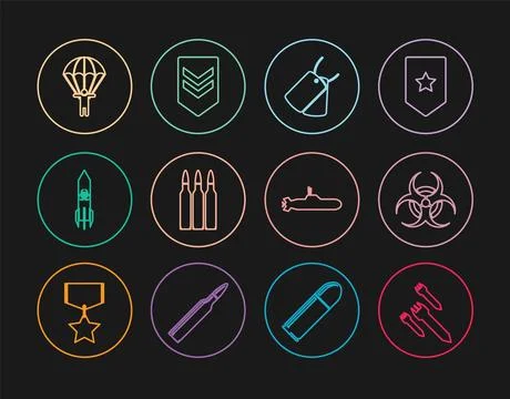 Set line Rocket, Biohazard symbol, Military dog tags, Bullet, rocket, Parac.. Stock Illustration