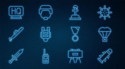 Set line Rocket, Box flying on parachute, Soldier grave, Bulletproof vest Stock Illustration