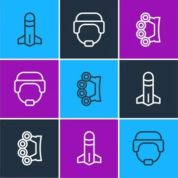 Set line Rocket, Brass knuckles and Military helmet icon. Vector Illustrazione stock