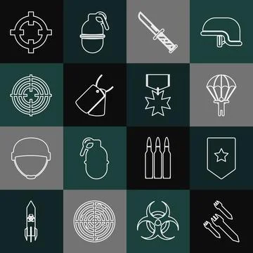 Set line Rocket, Chevron, Parachute, Military knife, dog tags, Target sport, and 库存插图