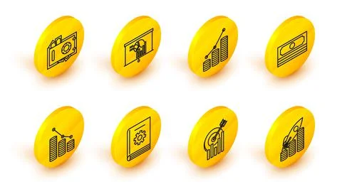 Set line Rocket flying up on coins growth chart, Target with graph, User manual Illustrazione stock