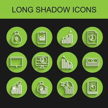 Set line Rocket flying up on coins growth chart, Money bag and diagram graph Stock Illustration