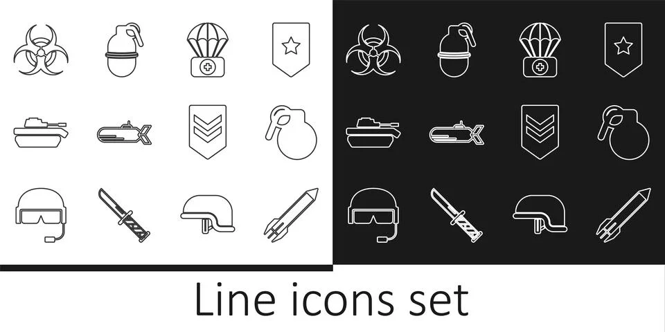 Set line Rocket, Hand grenade, Parachute with first aid kit, Submarine, Mil.. Stock Illustration
