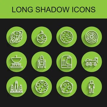 Set line Rocket launch from the spaceport, Moon, Space capsule and parachute Illustrazione stock