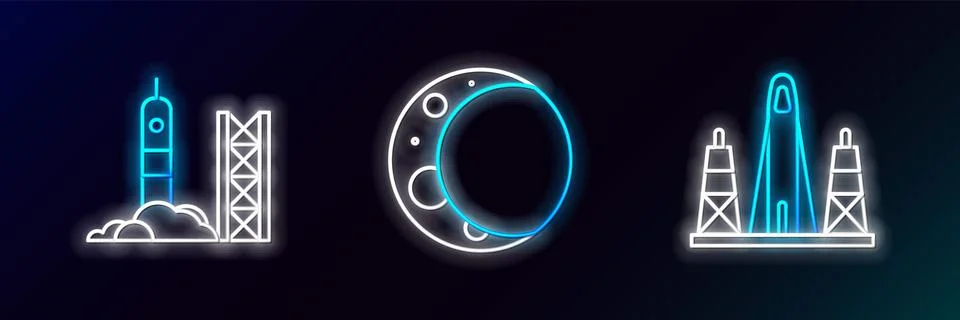 Set line Rocket launch from the spaceport,  and Moon icon. Glowing neon. Vect Stock Illustration