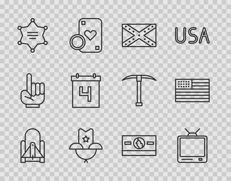 Set line Rocket launch from the spaceport, Retro tv, Flag Confederate, West.. Illustrazione stock