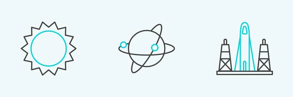 Set line Rocket launch from the spaceport, Sun and Satellites orbiting plan.. Illustrazione stock