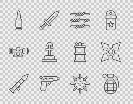 Set line Rocket launcher, Hand grenade, Barbed wire, Pistol or gun, Bullet, S Stock Illustration