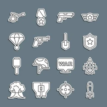 Set line Rocket launcher, Jet fighter, Police badge, Pistol or gun, Parachute Illustrazione stock