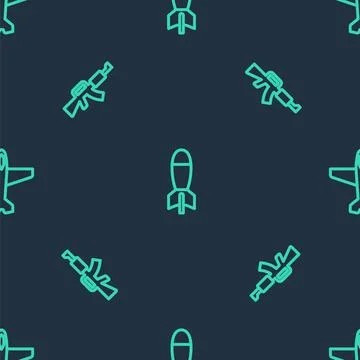 Set line Rocket launcher, M16A1 rifle and Plane on seamless pattern. Vector 스톡 일러스트