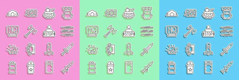 Set line Rocket launcher, Sword, Barbed wire, Military tank, War axe Stock Illustration