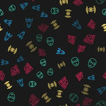 Set line Rocket ship, Alien, Cosmic and Astronaut helmet on seamless pattern Stockillustratie