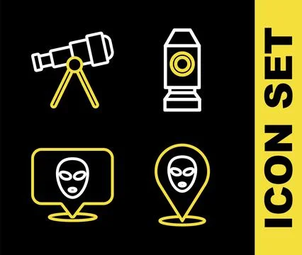 Set line Rocket ship, Alien,  and Telescope icon. Vector Stock Illustration