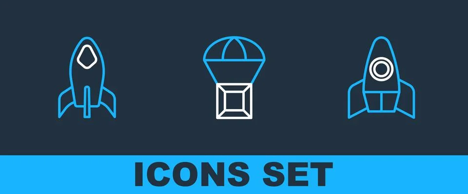Set line Rocket ship,  and Box flying on parachute icon. Vector 스톡 일러스트