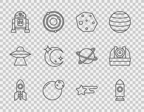 Set line Rocket ship, Asteroid, Planet, Robot, Moon and stars, Falling and 库存插图