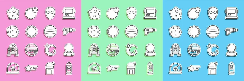 Set line Rocket ship, Astronaut helmet, Ray gun, Alien, Sun, Asteroid,  and.. Stock Illustration