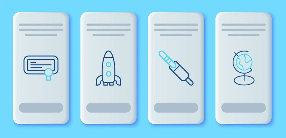Set line Rocket ship, Audio jack, Certificate template and Earth globe icon Stock Illustration