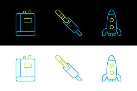 Set line Rocket ship, Book and Audio jack icon. Vector Stock Illustration