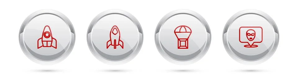 Set line Rocket ship, , Box flying on parachute and Alien. Silver circle button Illustrazione stock
