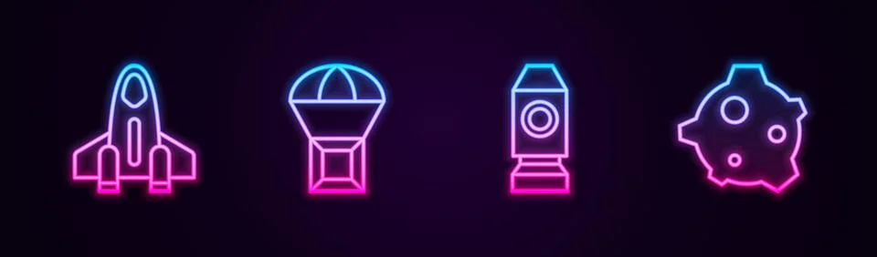 Set line Rocket ship, Box flying on parachute, and Asteroid. Glowing neon icon Illustration