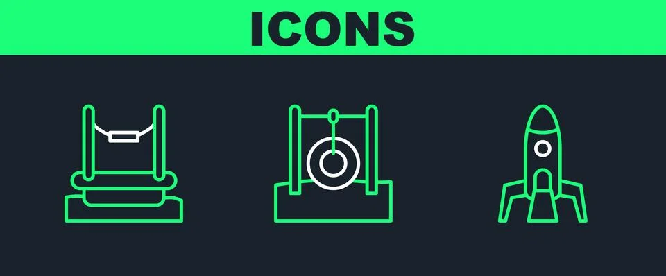 Set line Rocket ship, Bungee and Car tire hanging on rope icon. Vector Ilustración de archivo