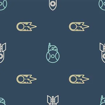 Set line Rocket ship, Comet falling down fast and Robot on seamless pattern Stock Illustration