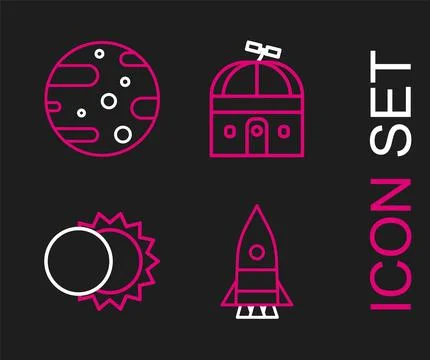 Set line Rocket ship, Eclipse of the sun, Astronomical observatory and Sate.. Stock Illustration