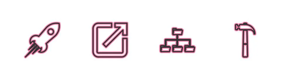 Set line Rocket ship with fire, Folder tree, Open in new window and Hammer icon Stock Illustration