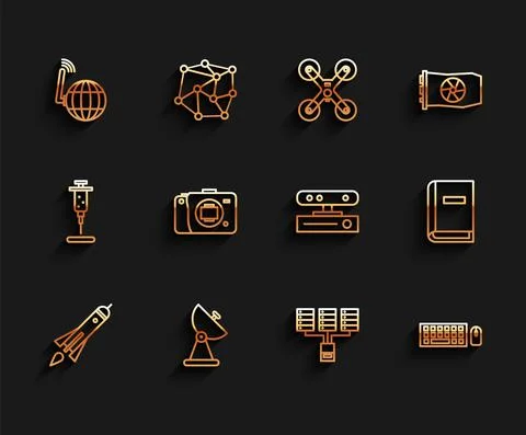 Set line Rocket ship with fire, Radar, Social network, Server, Data, Web Hosting Stock Illustration
