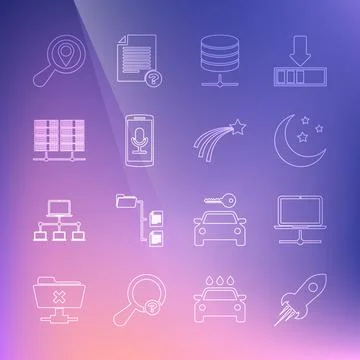 Set line Rocket ship with fire, Computer network, Moon and stars, Server, Data Stock Illustration