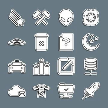 Set line Rocket ship with fire, Server, Data, Web Hosting, Moon and stars, Alien Stock Illustration