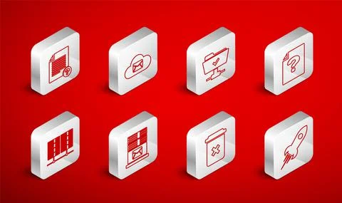 Set line Rocket ship with fire, Cloud mail server, FTP operation successful Stock Illustration