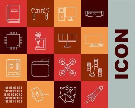 Set line Rocket ship with fire, Computer network, Smart Tv, monitor, Microscope Stockillustratie